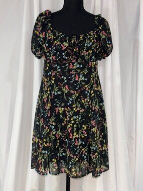 miami Black Mini Dress with Pink, Yellow & Blue Floral Print